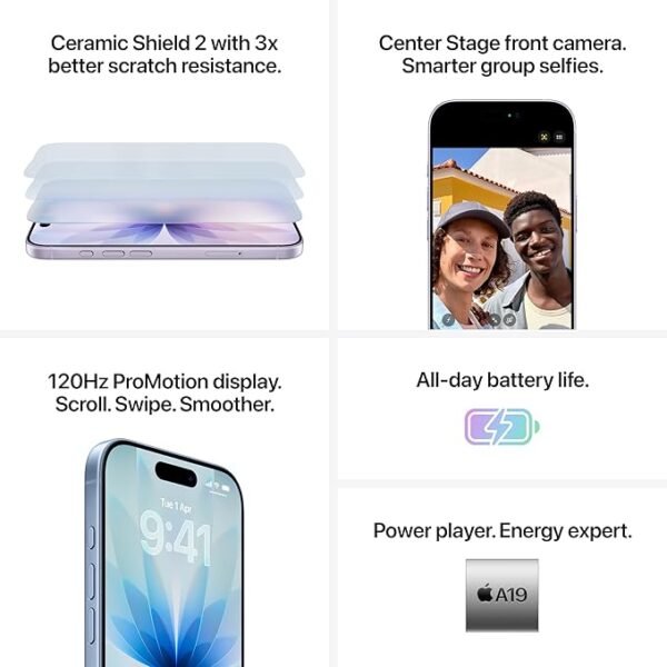 Apple iPhone 17 256 GB: 15.93 cm (6.3″) Display with Promotion, A19 Chip, Center Stage Front Camera for Smarter Group Selfies, Improved Scratch Resistance, All-Day Battery Life; Black